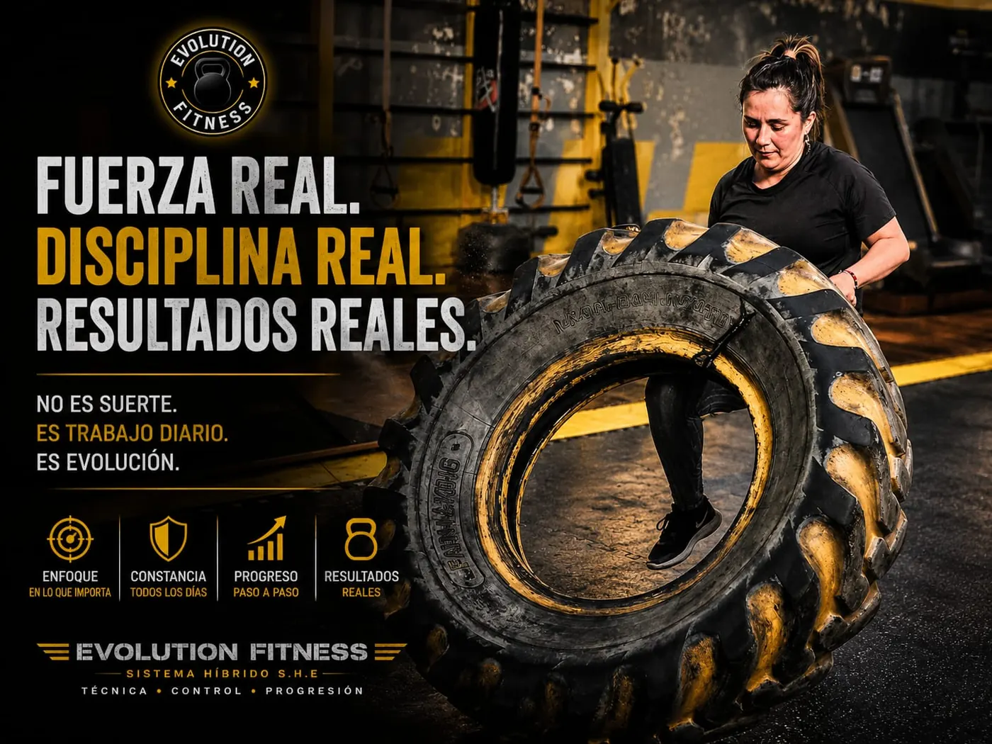 Pieza motivacional sobre fuerza real y disciplina real en Evolution Fitness